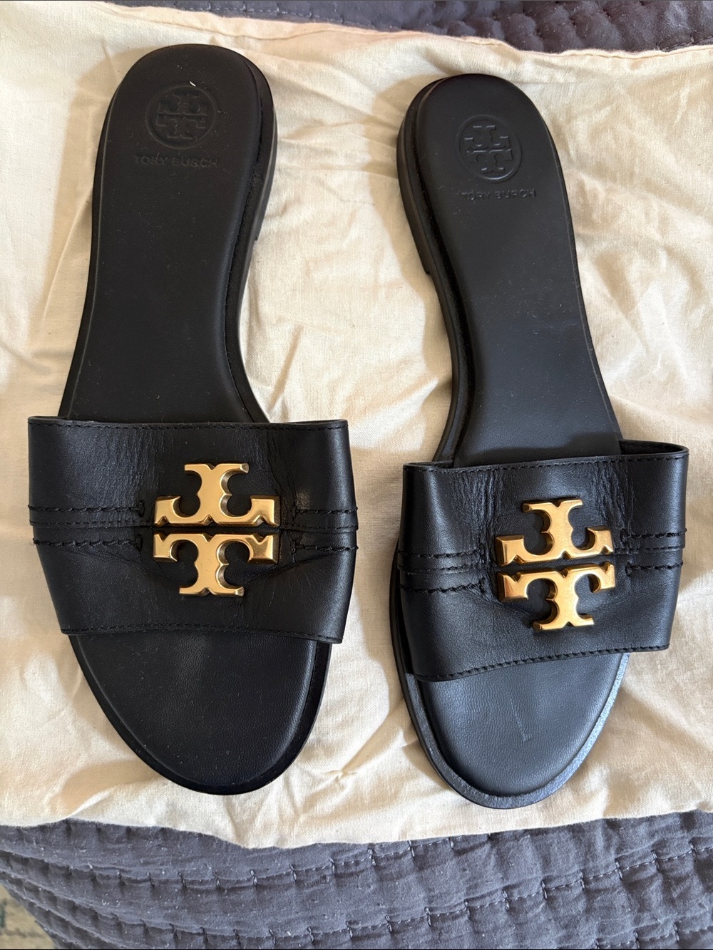 Tory Burch Black Leather Slides with Gold Logo Medallions